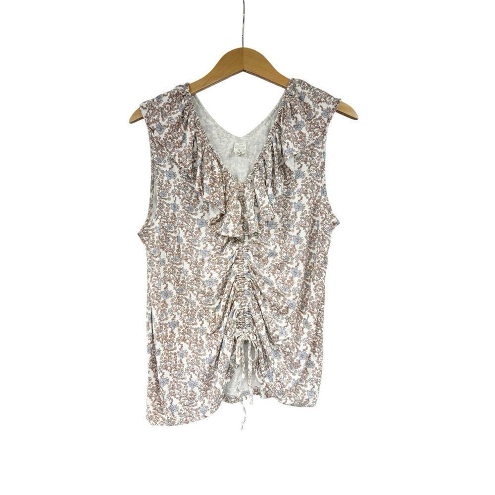 Kate Quinn Pink Blue Floral Ruffle Sleeveless Cinch Front Top Bamboo Womens L